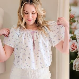 Vintage Floral Print Lace Trim Blouse Reworked 90s Cotton Cottagecore Blouse